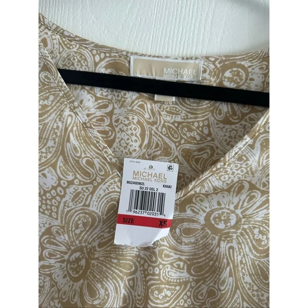 MICHAEL KORS PAISLEY-PRINT RUFFLED-SLEEVE TOP in Khaki, XS $98 MSRP